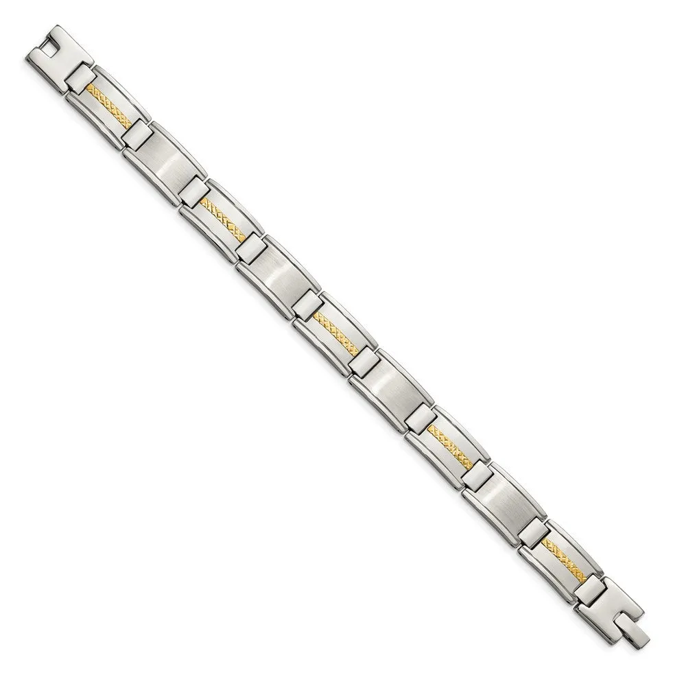 12.5mm Stainless Steel & 14K Yellow Gold Inlay Link Bracelet, 8.75 In