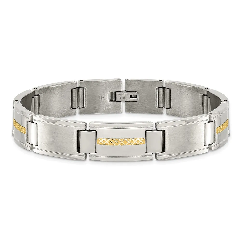 12.5mm Stainless Steel & 14K Yellow Gold Inlay Link Bracelet, 8.75 In