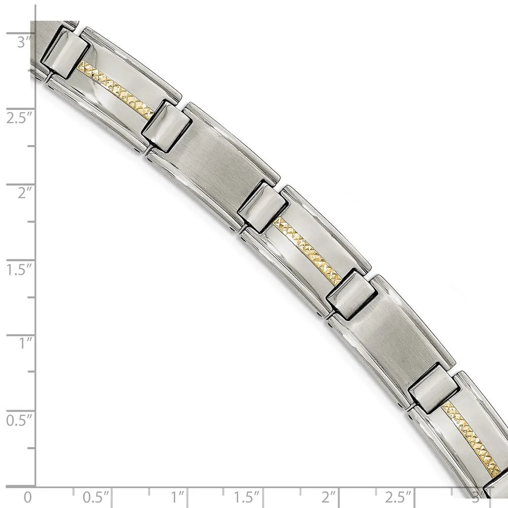 12.5mm Stainless Steel & 14K Yellow Gold Inlay Link Bracelet, 8.75 In