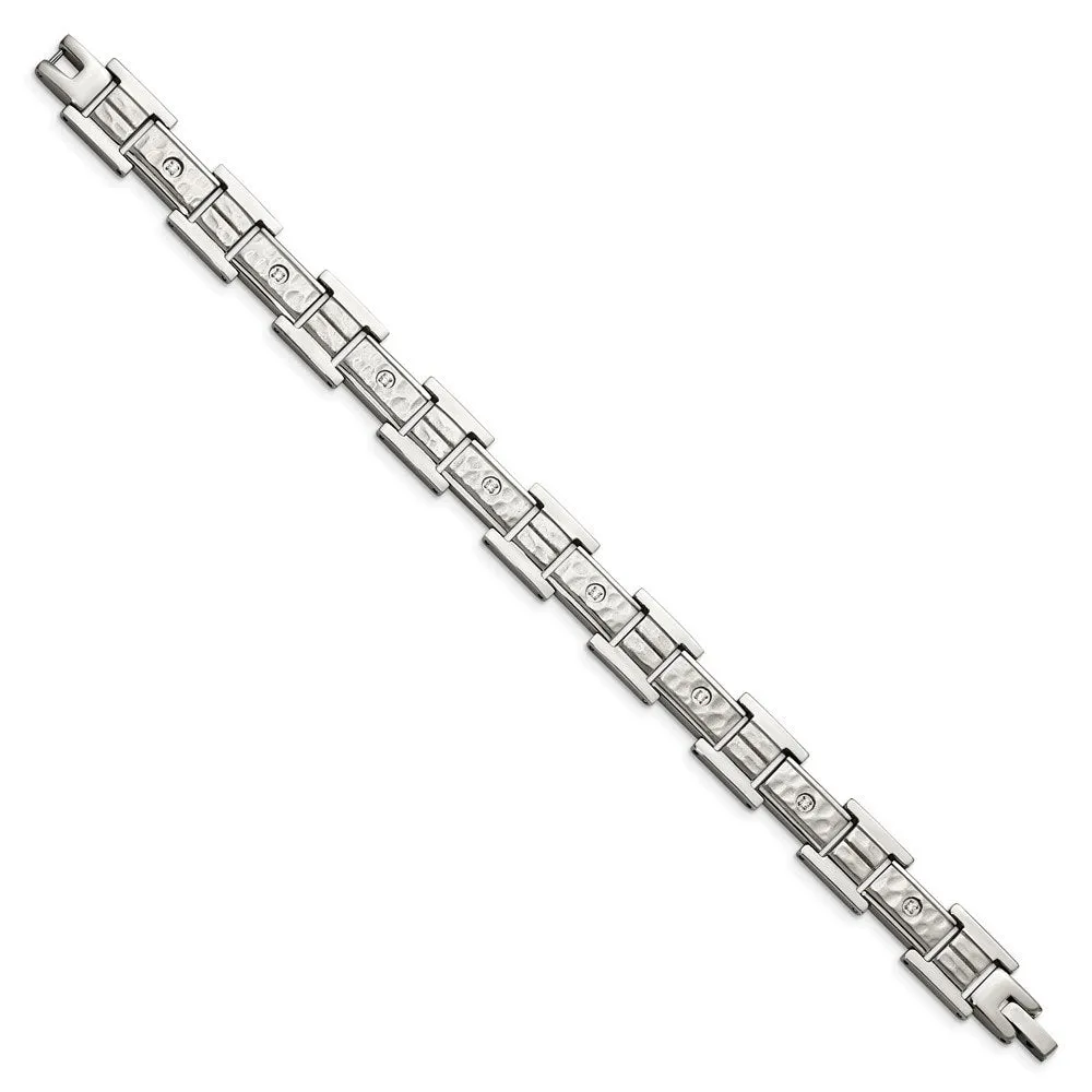 12mm Stainless Steel & CZ Brushed & Hammered Link Bracelet, 8.5 Inch