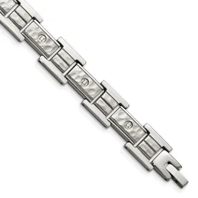 12mm Stainless Steel & CZ Brushed & Hammered Link Bracelet, 8.5 Inch