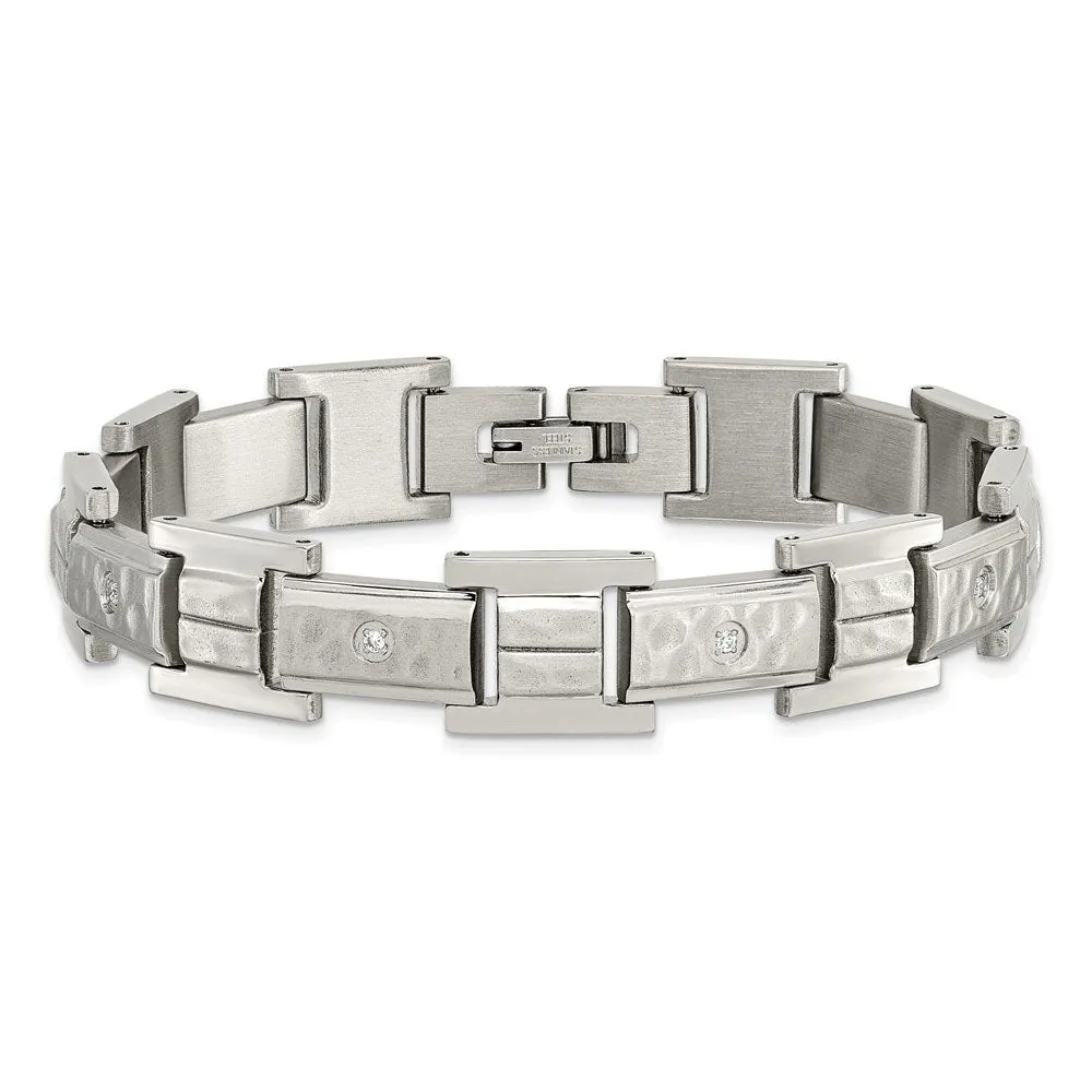 12mm Stainless Steel & CZ Brushed & Hammered Link Bracelet, 8.5 Inch