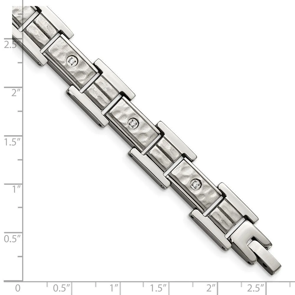 12mm Stainless Steel & CZ Brushed & Hammered Link Bracelet, 8.5 Inch