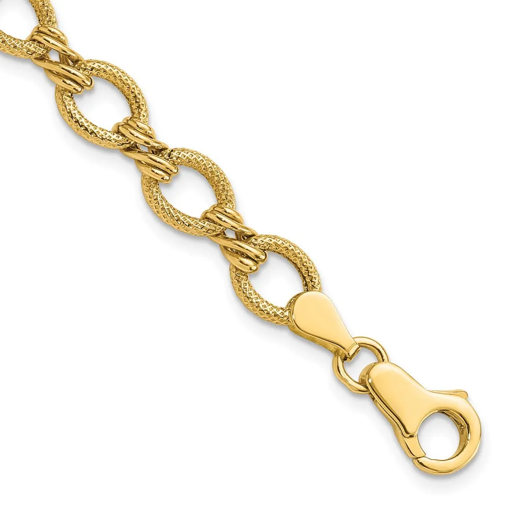 7.5mm 14K Yellow or White Gold Hollow Fancy Link Chain Bracelet, 7 In