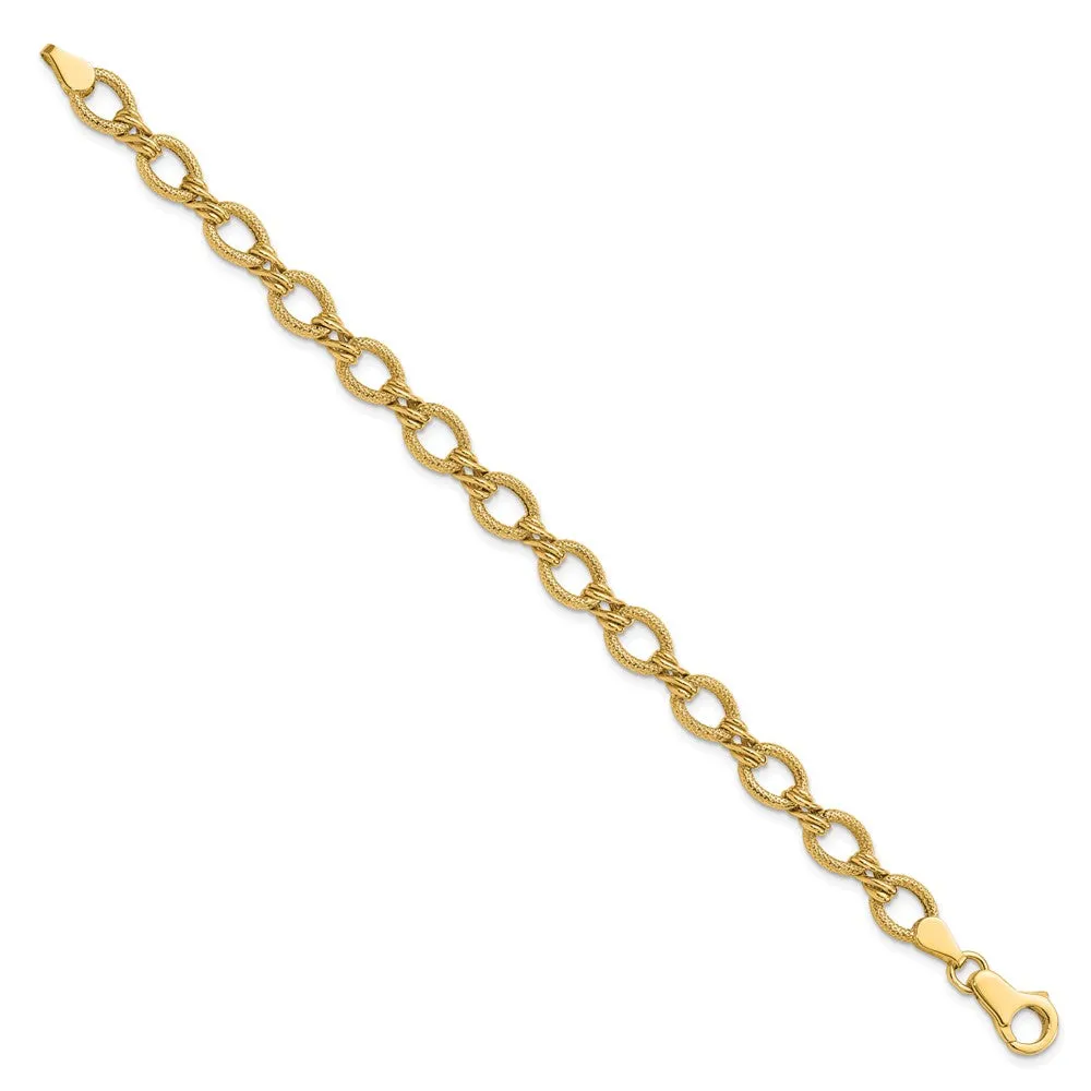 7.5mm 14K Yellow or White Gold Hollow Fancy Link Chain Bracelet, 7 In