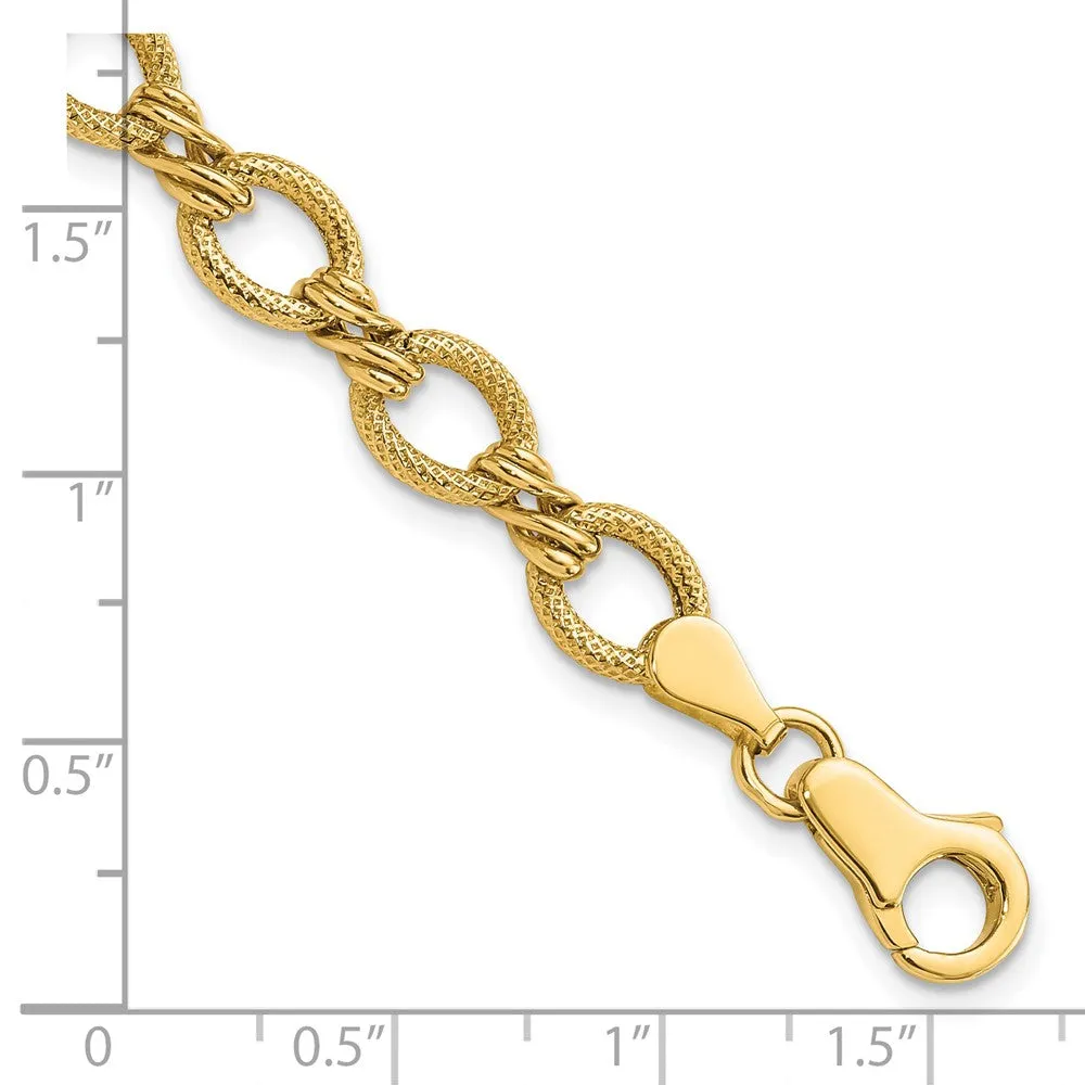 7.5mm 14K Yellow or White Gold Hollow Fancy Link Chain Bracelet, 7 In