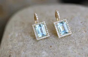 Aqua Marine & Diamond Halo Drop Earrings