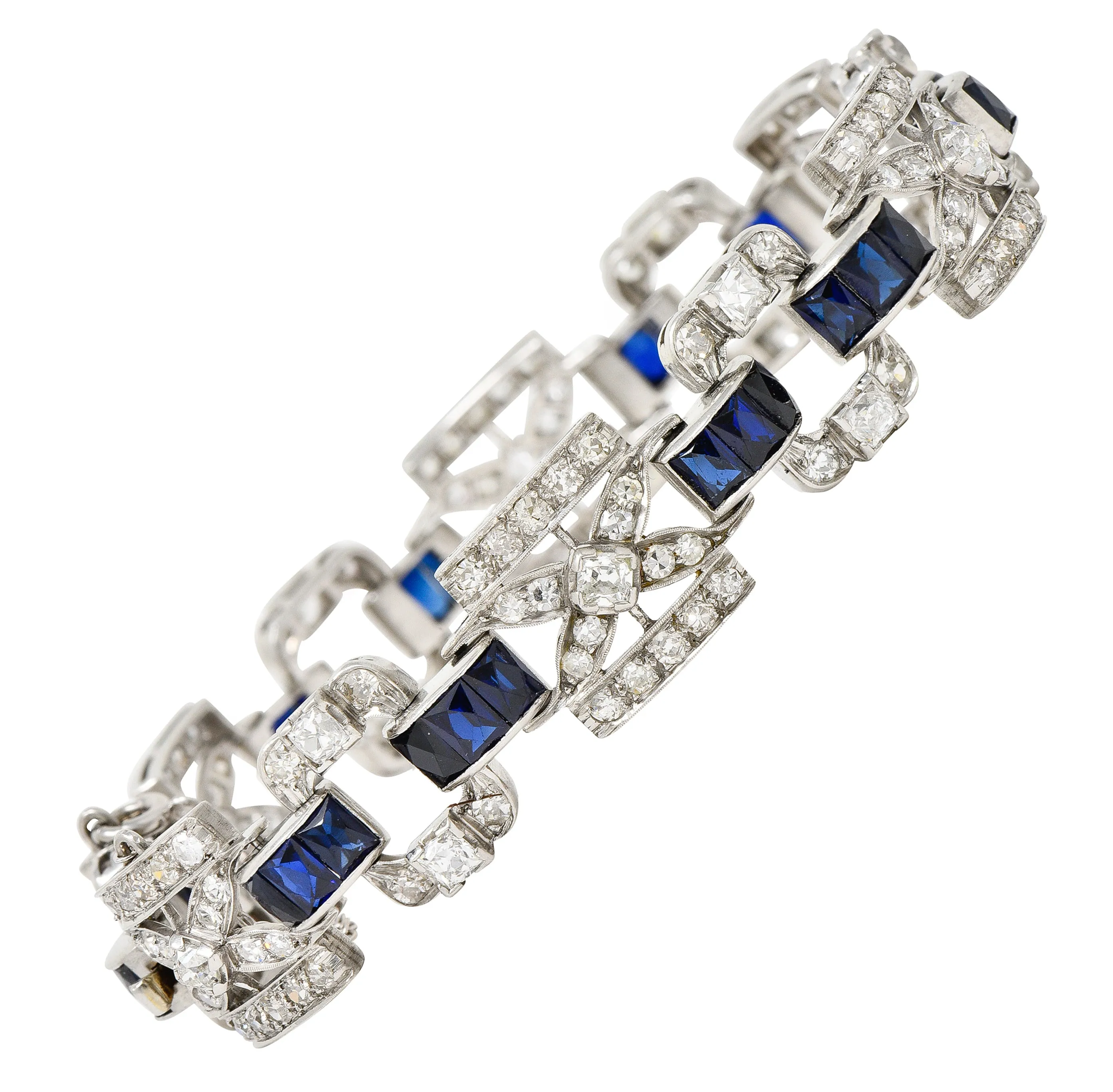 Art Deco 6.42 CTW Old Mine Cut Diamond Platinum X Buckle Line Bracelet