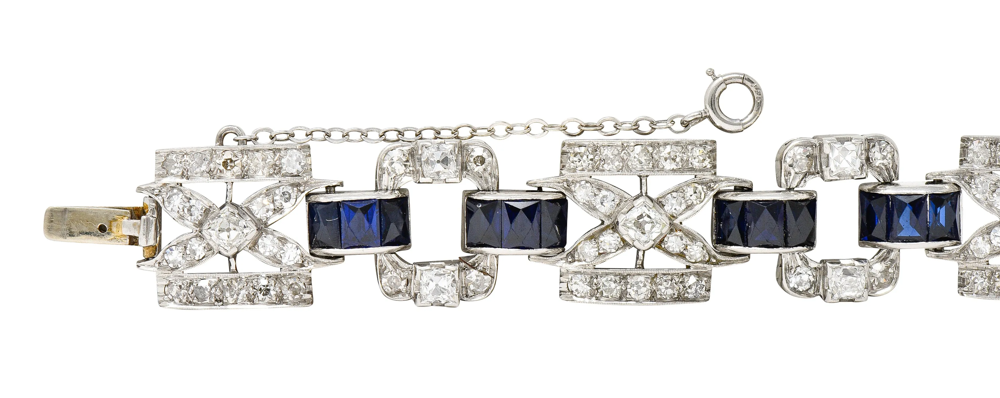 Art Deco 6.42 CTW Old Mine Cut Diamond Platinum X Buckle Line Bracelet