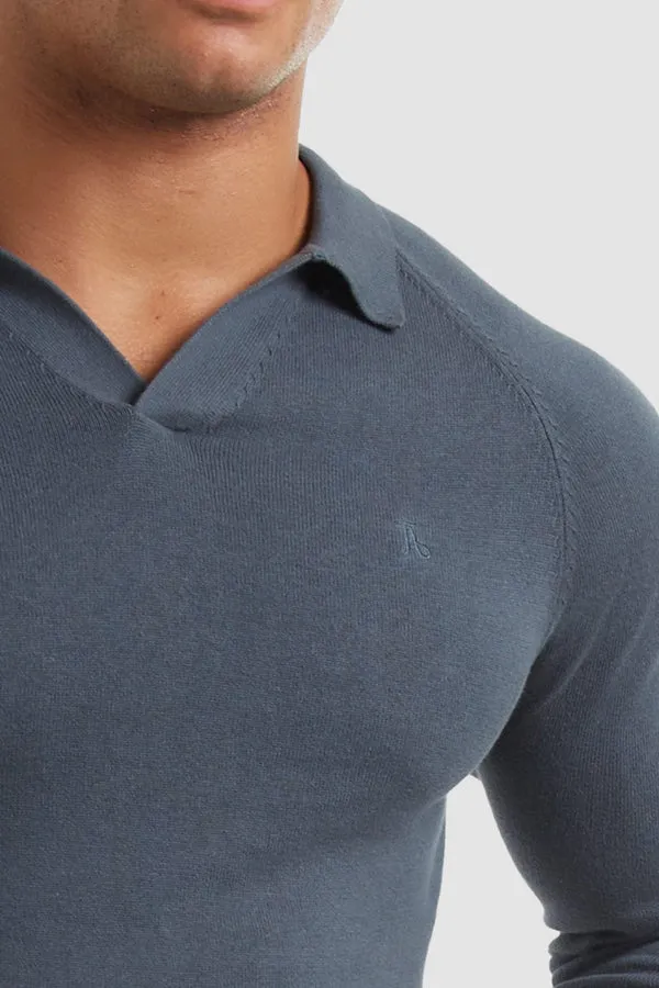 Buttonless Open Collar Polo in Petrol