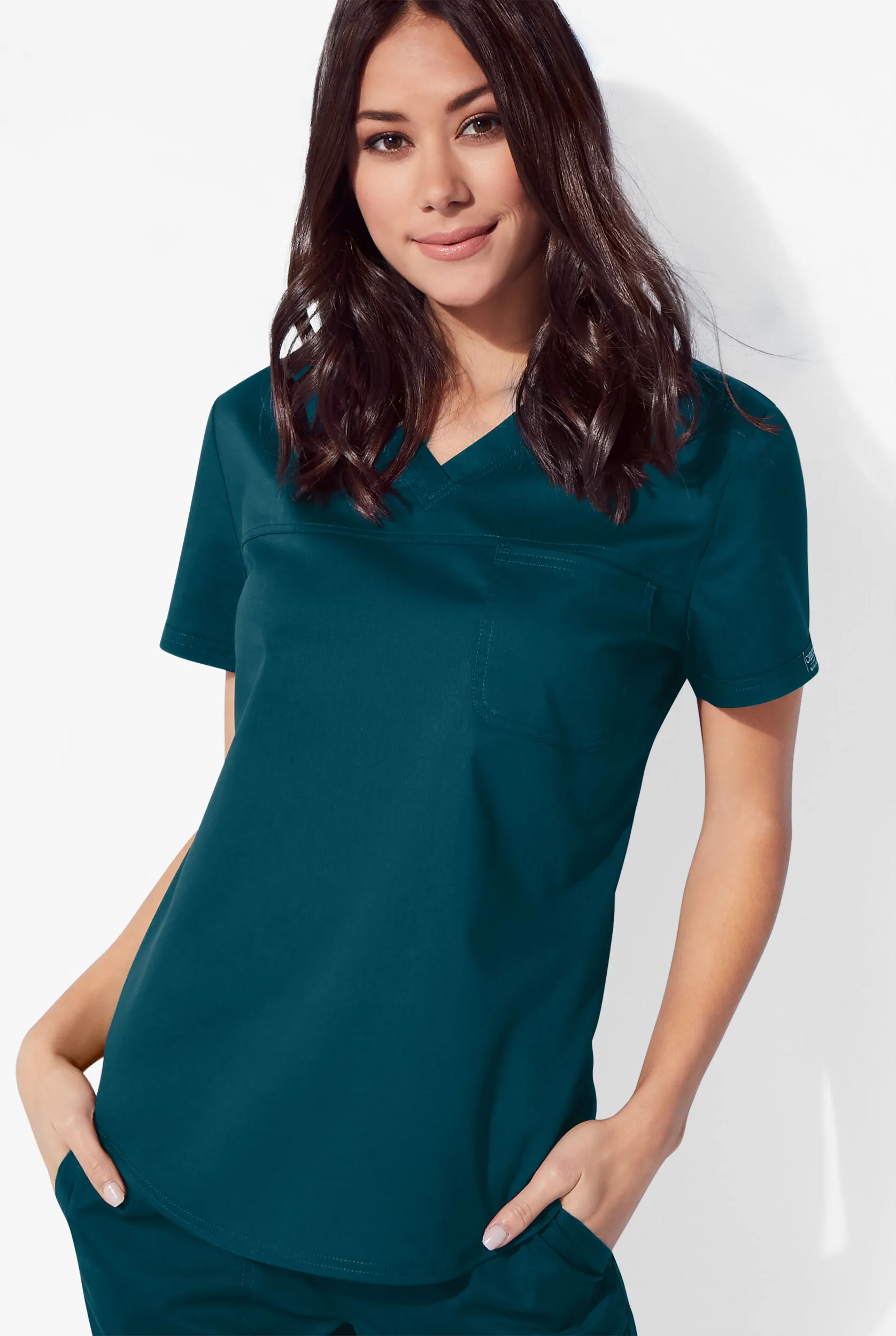 Cherokee Workwear Revolution Women's 1-Pocket STRETCH Tuck In V-Neck Scrub Top