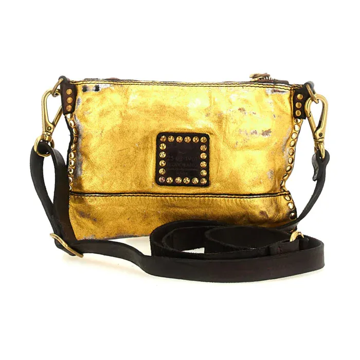 Cross-body bag Hasni in gold laminated leather with rivets