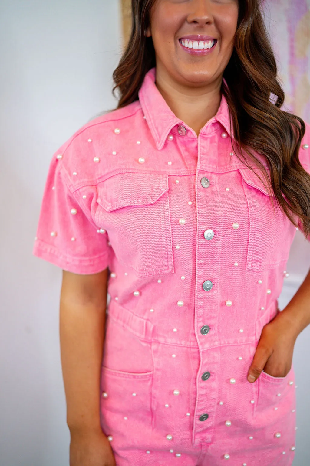 Denim And Pearls Pink Romper