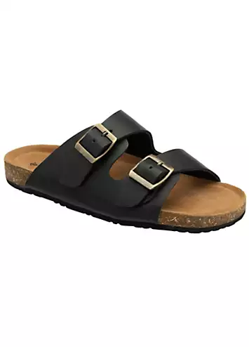 Dunlop Devi Double Strap Leather Black Footbed Sandals | Grattan