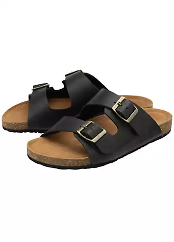 Dunlop Devi Double Strap Leather Black Footbed Sandals | Grattan