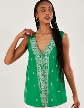 Embroidered Wide Strap Vest Top Green