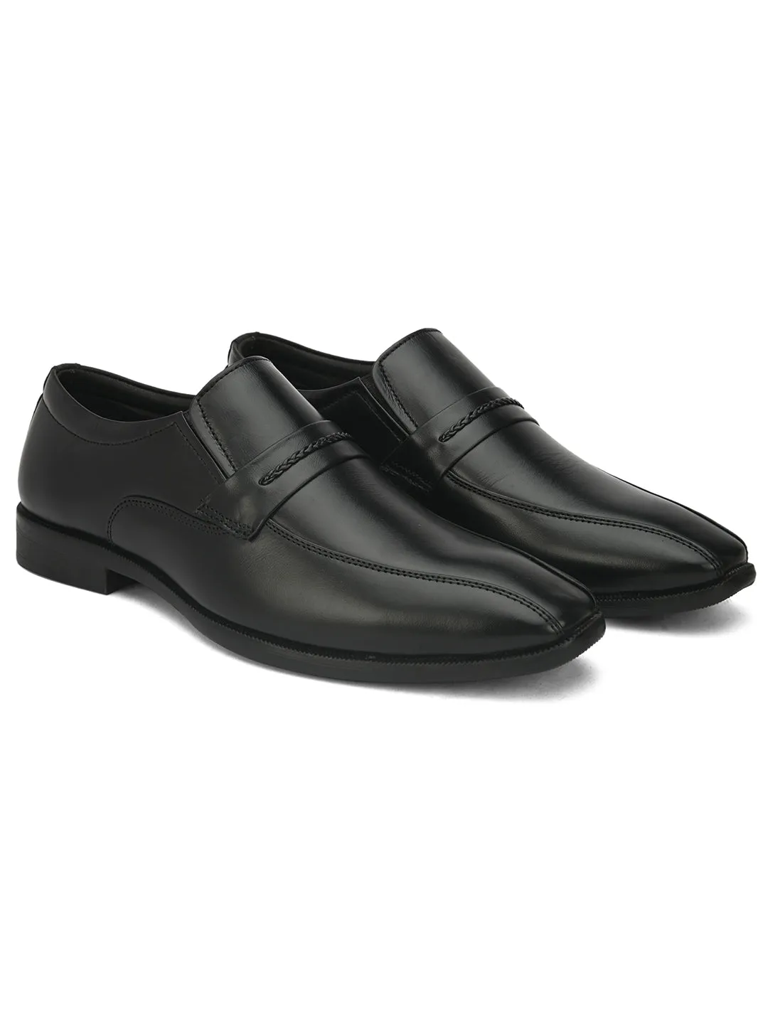 FENTACIA Men Black Genuine Leather Slip-On Formal Shoes