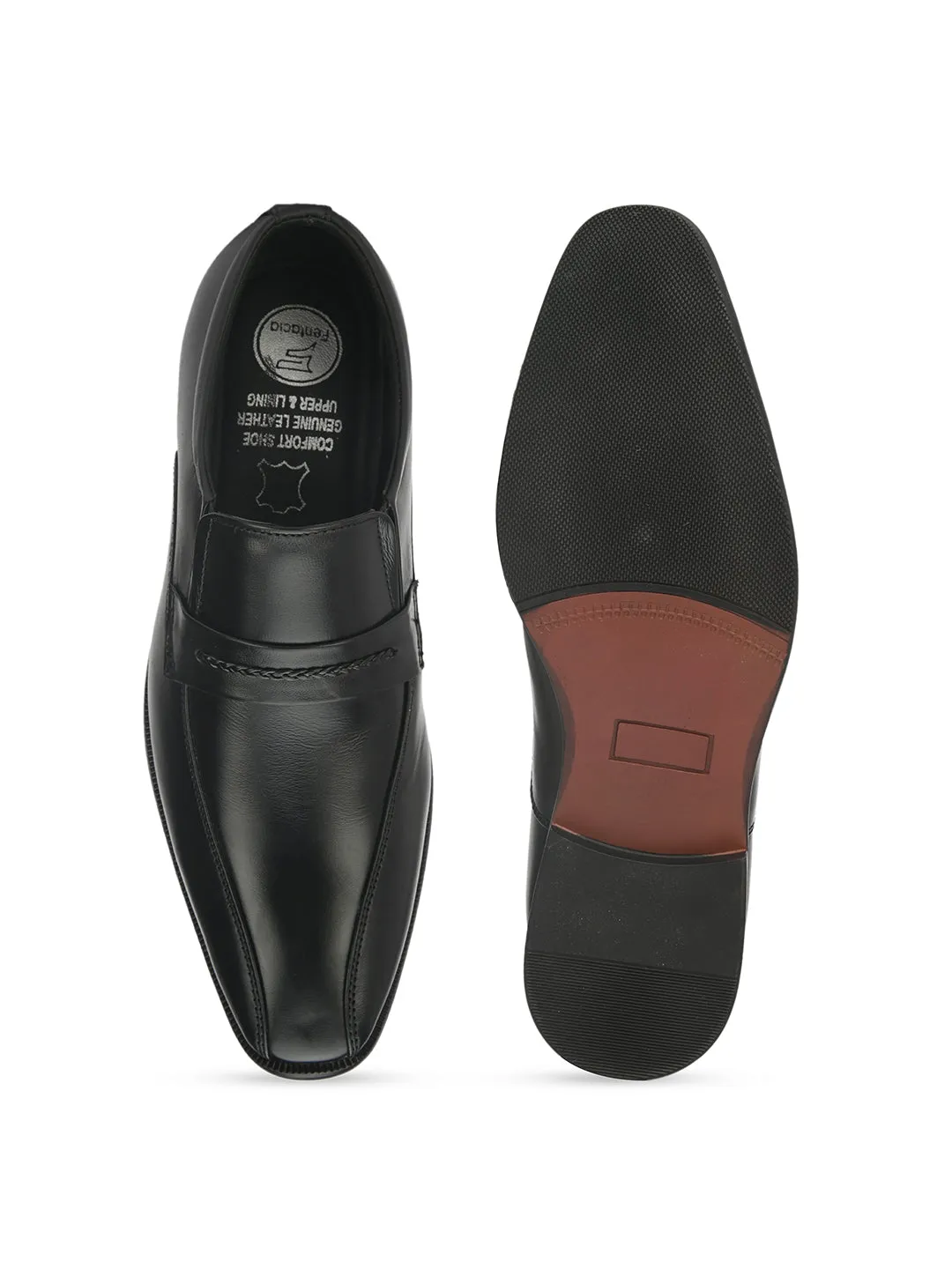 FENTACIA Men Black Genuine Leather Slip-On Formal Shoes