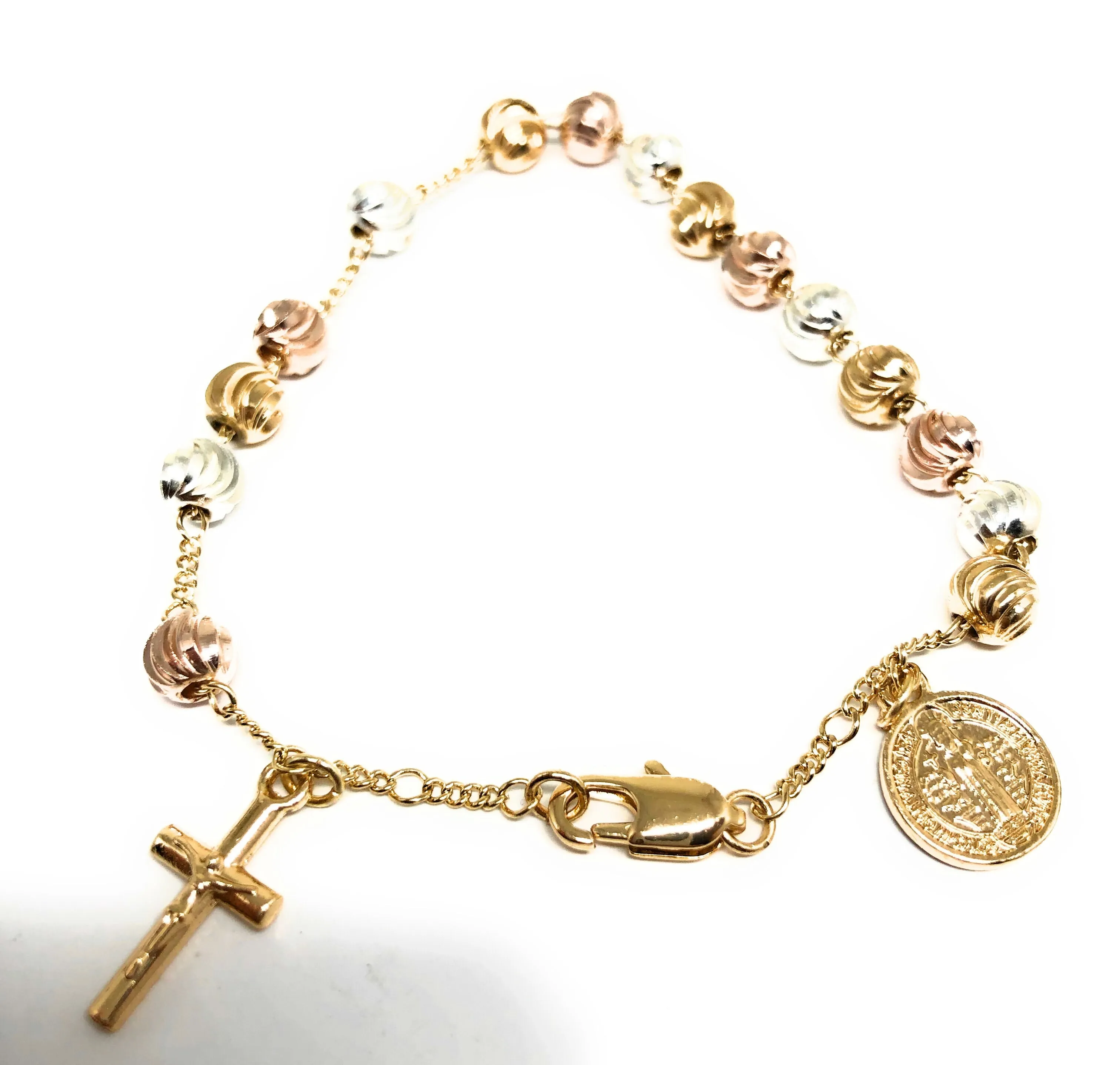 Gold Plated Tri-Color Saint Benedict Bracelet San Benito Pulsera Tres Colores 8”