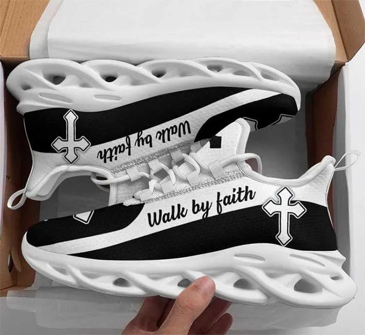 Jesus Christian Cross Walk By Faith Religious Black White Clunky Sneakers