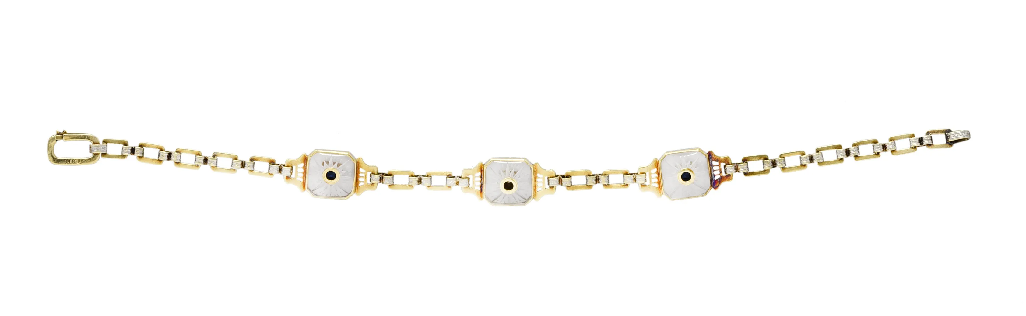 Krementz Art Deco Sapphire Diamond Camphor Glass 14 Karat Two-Tone Gold Bracelet