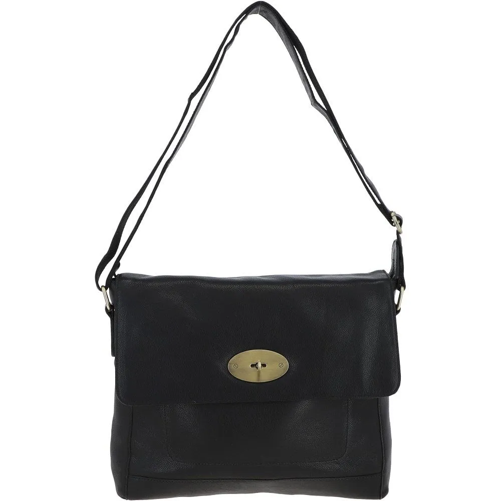 Ladies Black Leather Flap Over Cross Body Bag