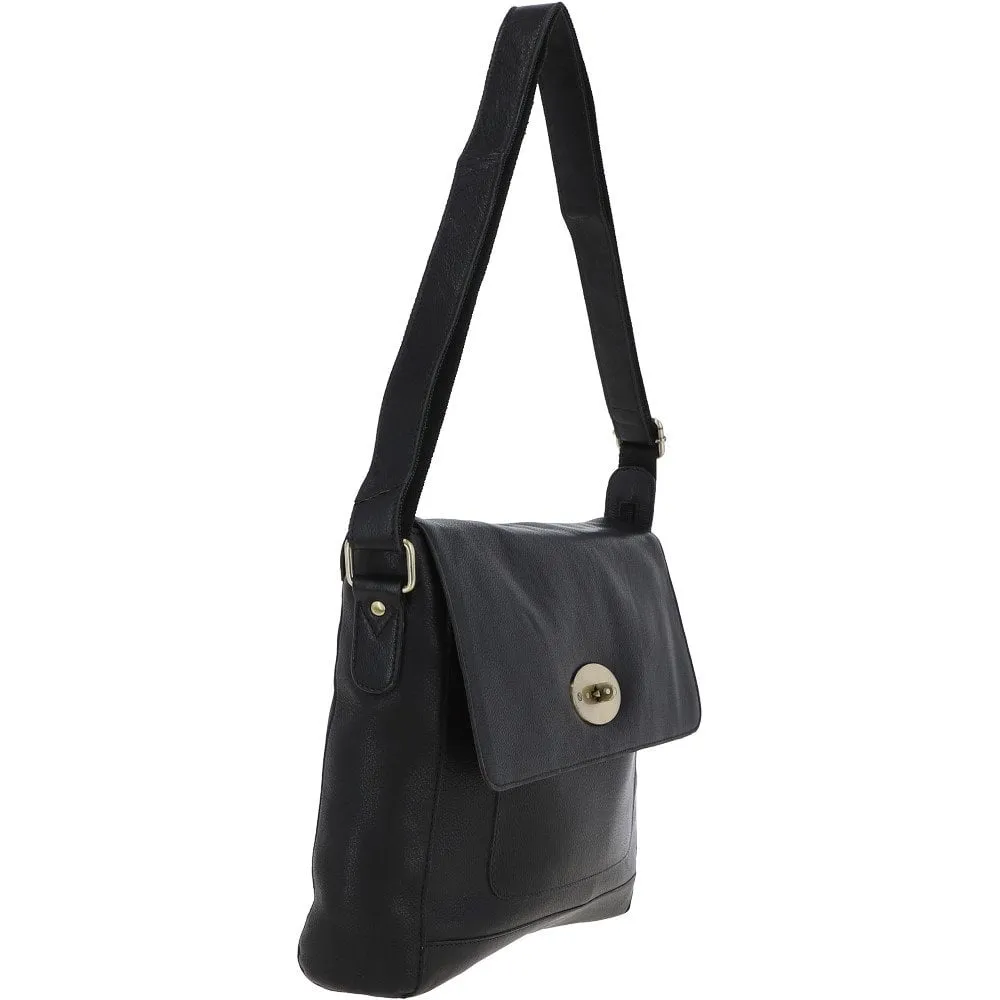 Ladies Black Leather Flap Over Cross Body Bag