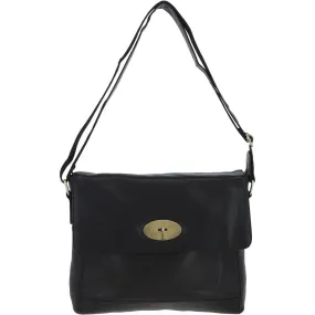 Ladies Black Leather Flap Over Cross Body Bag