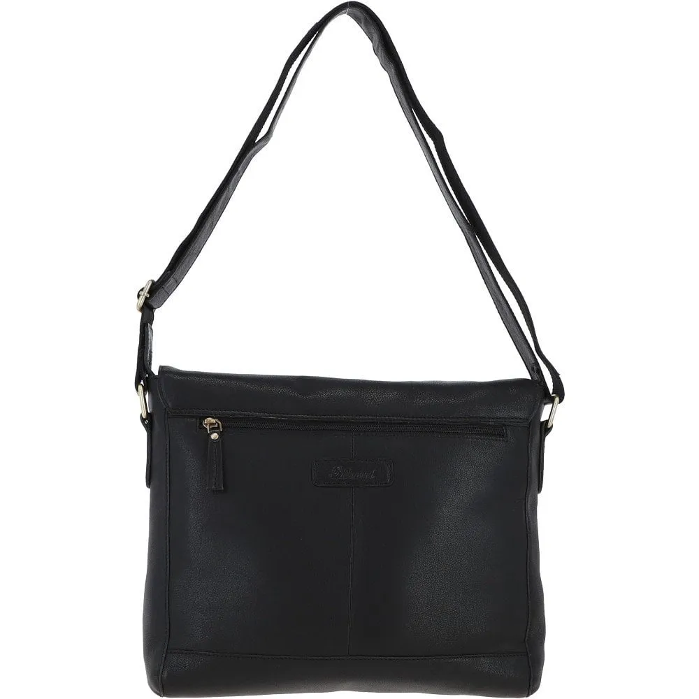 Ladies Black Leather Flap Over Cross Body Bag