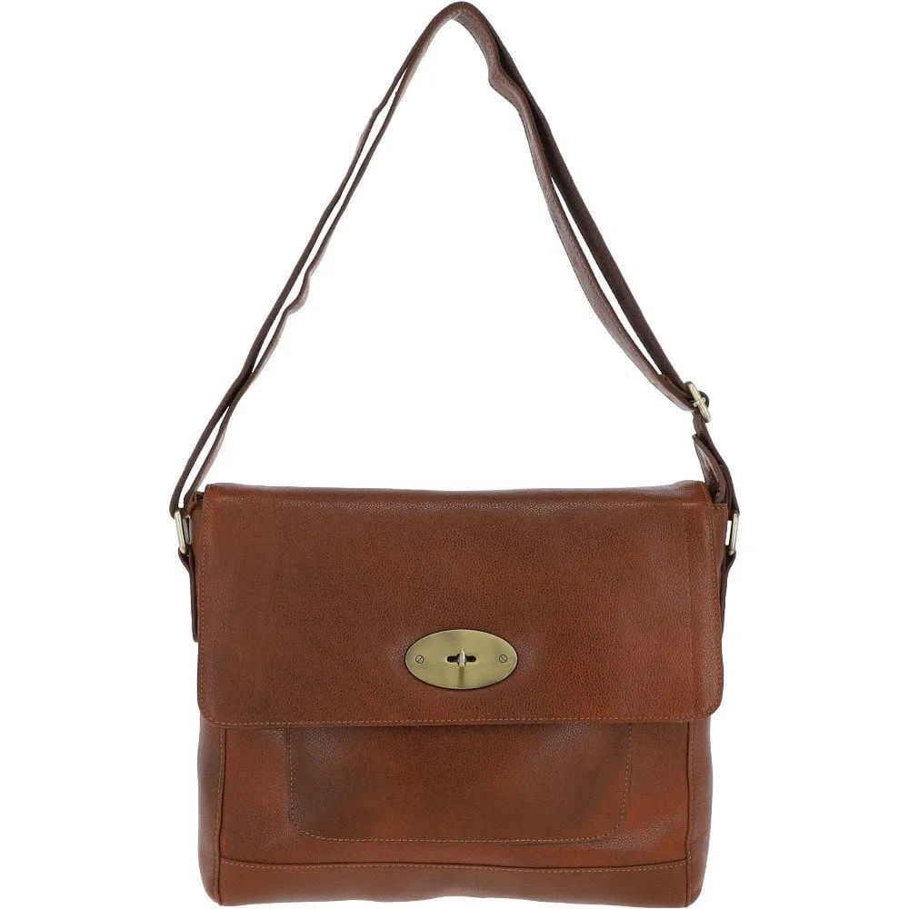 Ladies Cognac Leather Flap Over Cross Body Bag