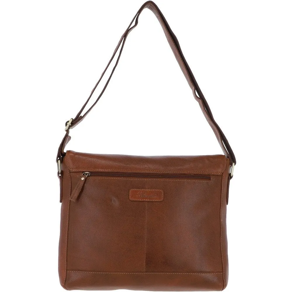 Ladies Cognac Leather Flap Over Cross Body Bag