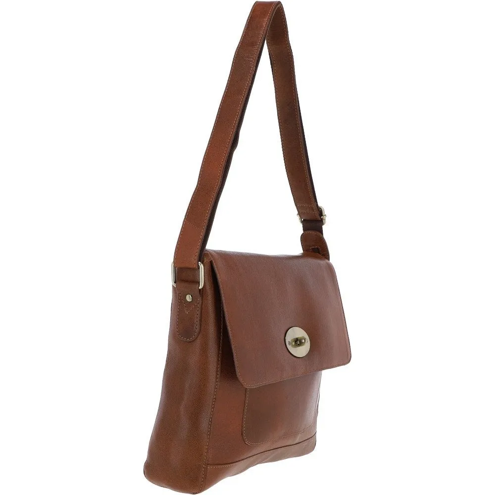 Ladies Cognac Leather Flap Over Cross Body Bag