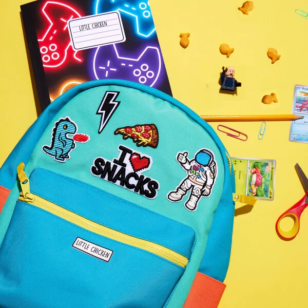 Little Chicken Colorblock Backpack With Patches, Blue & Multicolors