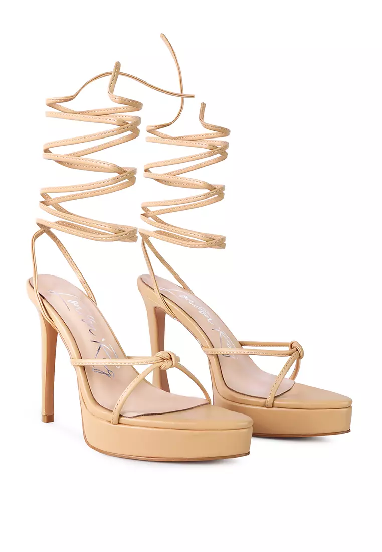 London Rag Latte High Heeled Lace Up Sandals