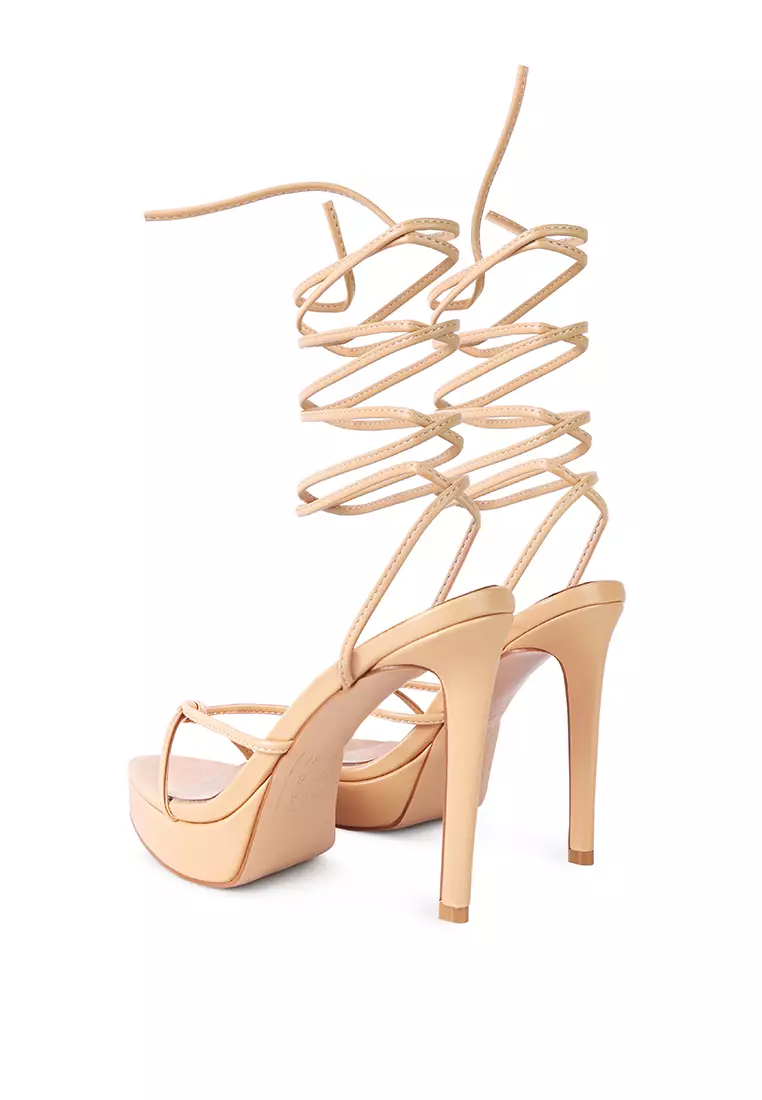 London Rag Latte High Heeled Lace Up Sandals