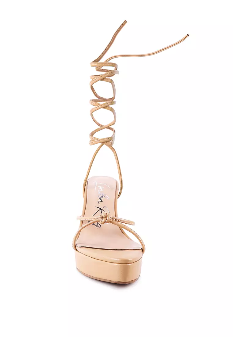 London Rag Latte High Heeled Lace Up Sandals