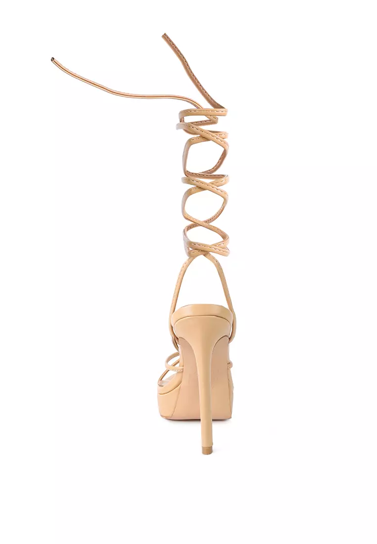 London Rag Latte High Heeled Lace Up Sandals