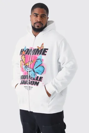 Plus Butterfly Print Zip Thru Hoodie | boohooMAN UK