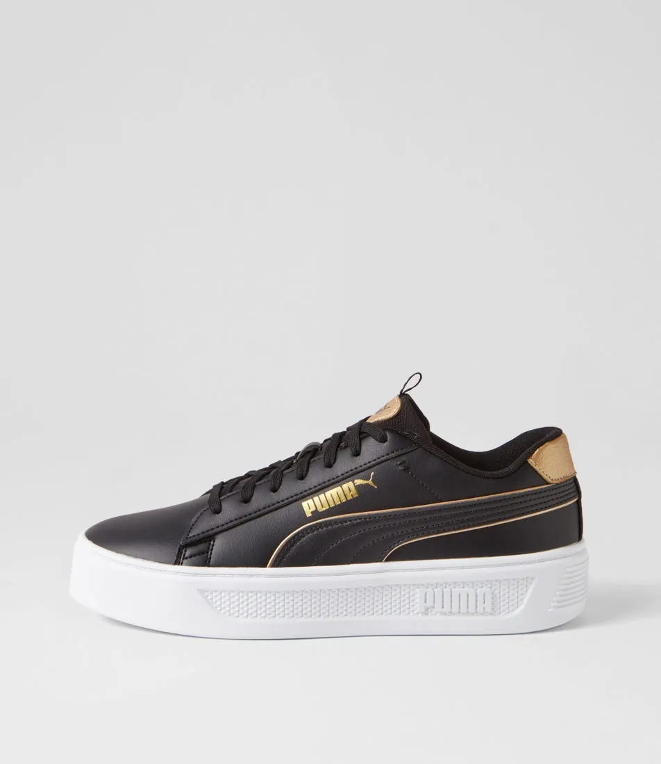 PUMA Smash Plat V3 Black Gold White Leather Sneakers