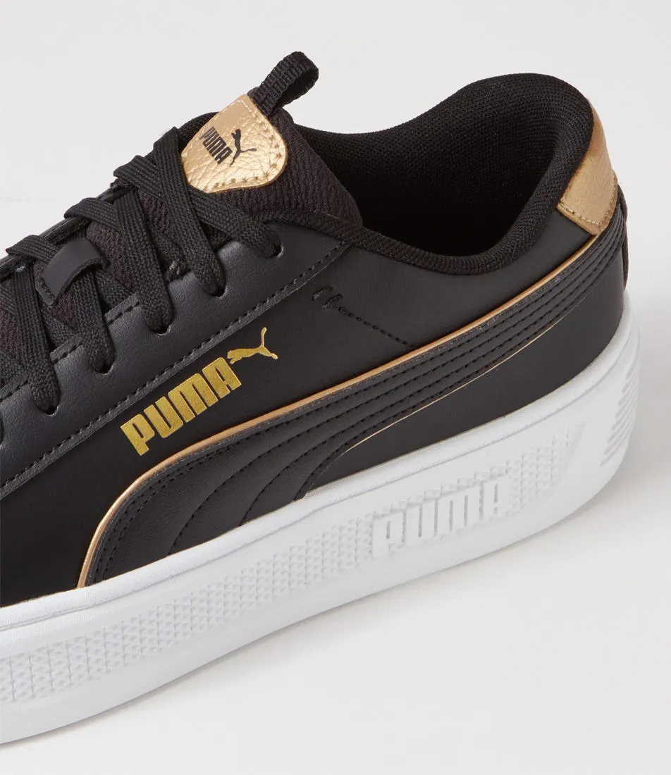 PUMA Smash Plat V3 Black Gold White Leather Sneakers