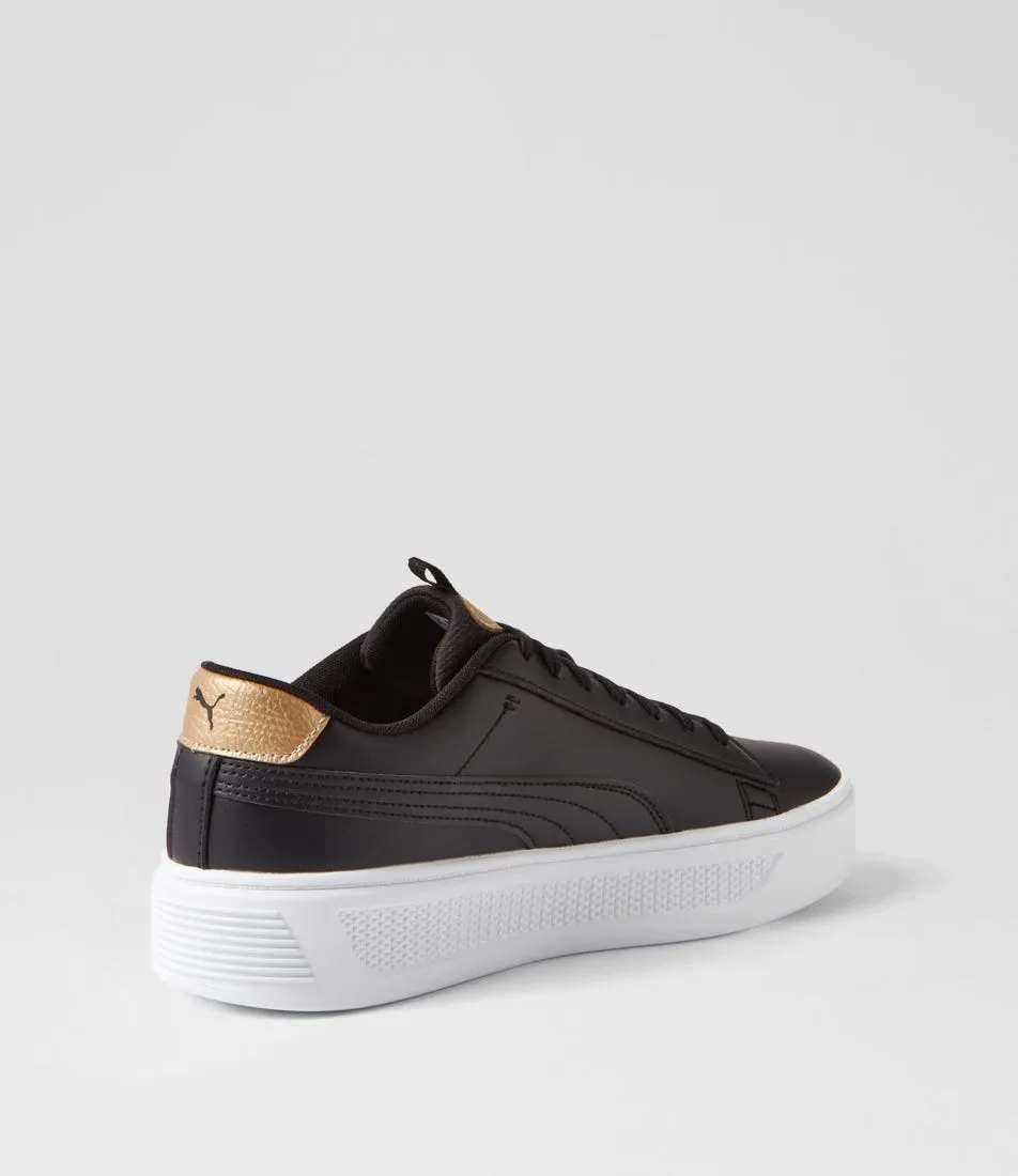 PUMA Smash Plat V3 Black Gold White Leather Sneakers