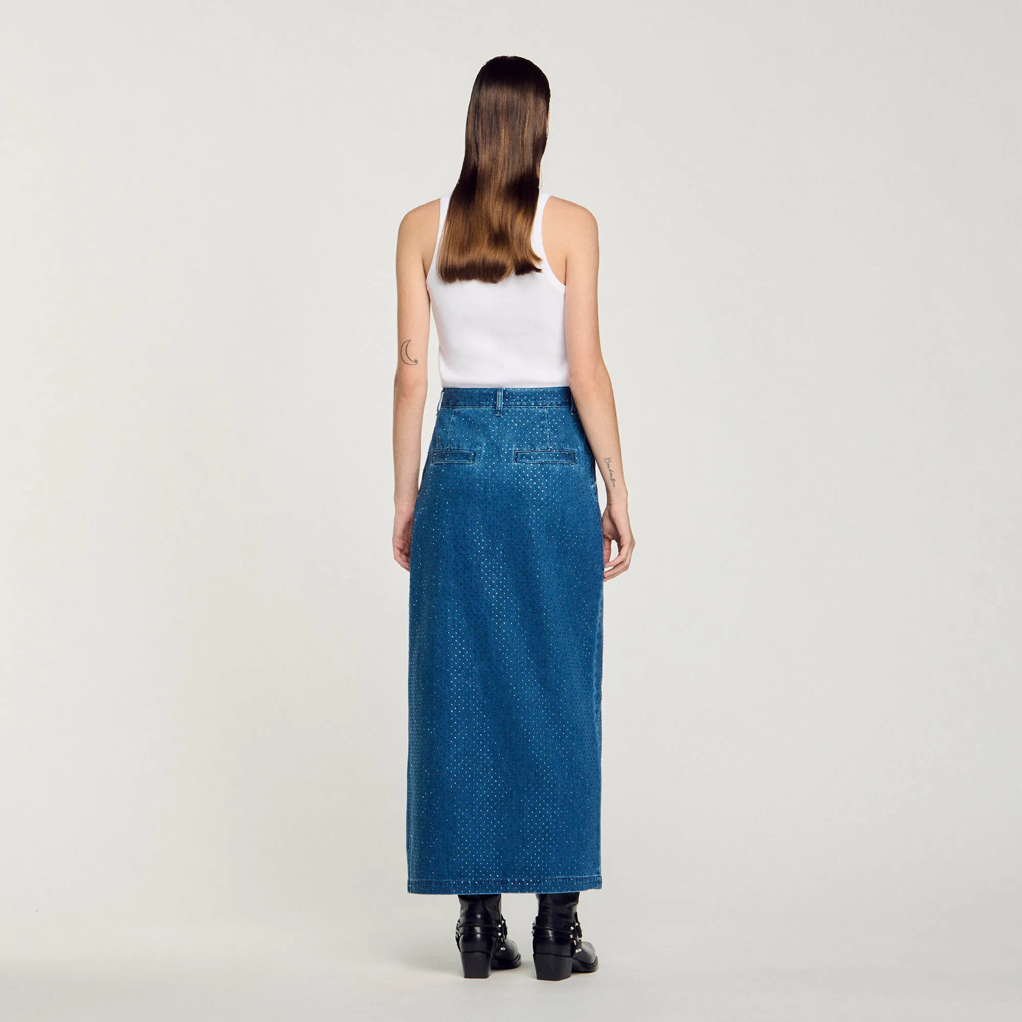 Rhinestone denim maxi skirt