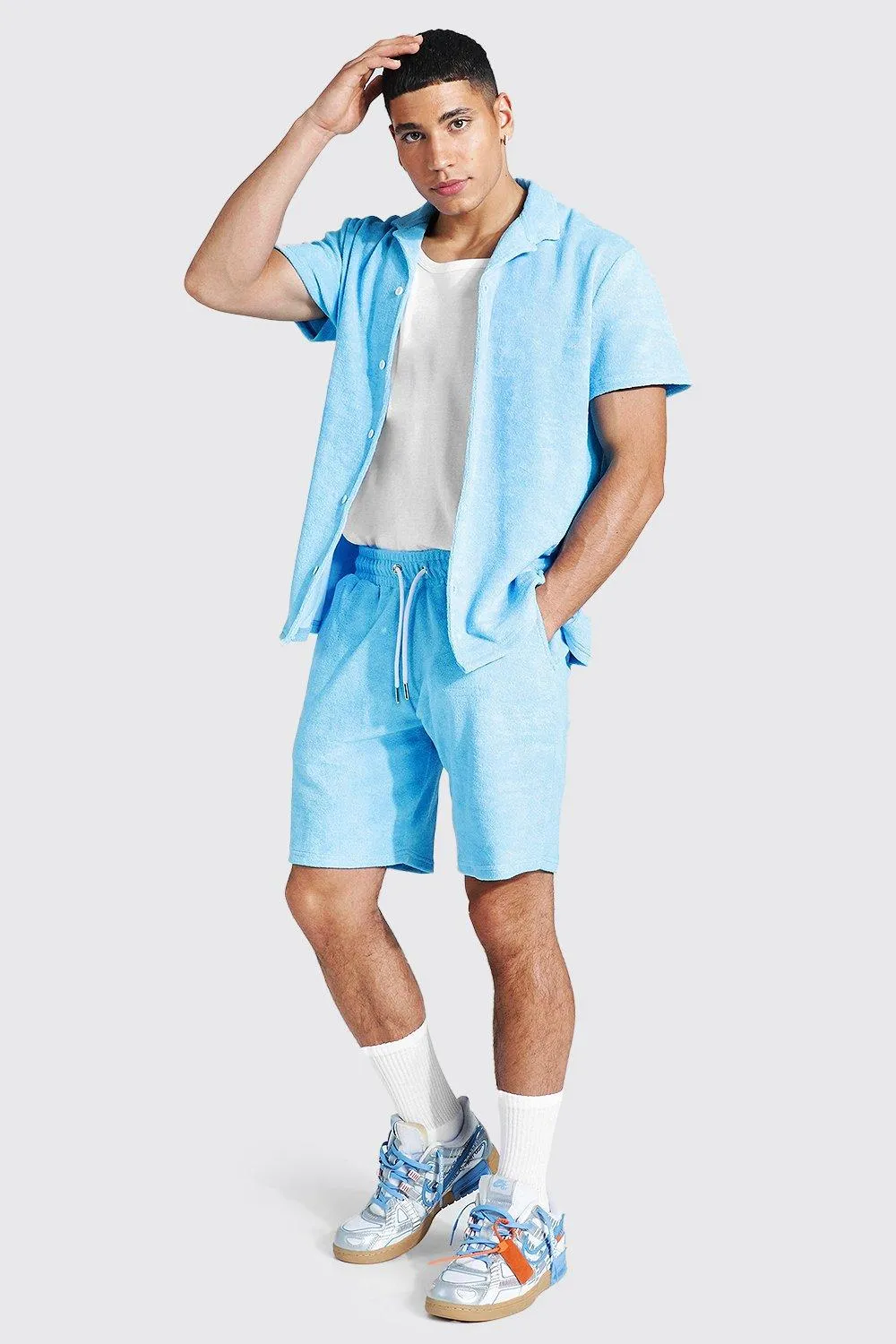 Short Sleeve Revere Towel Shirt And Short | boohooMAN UK