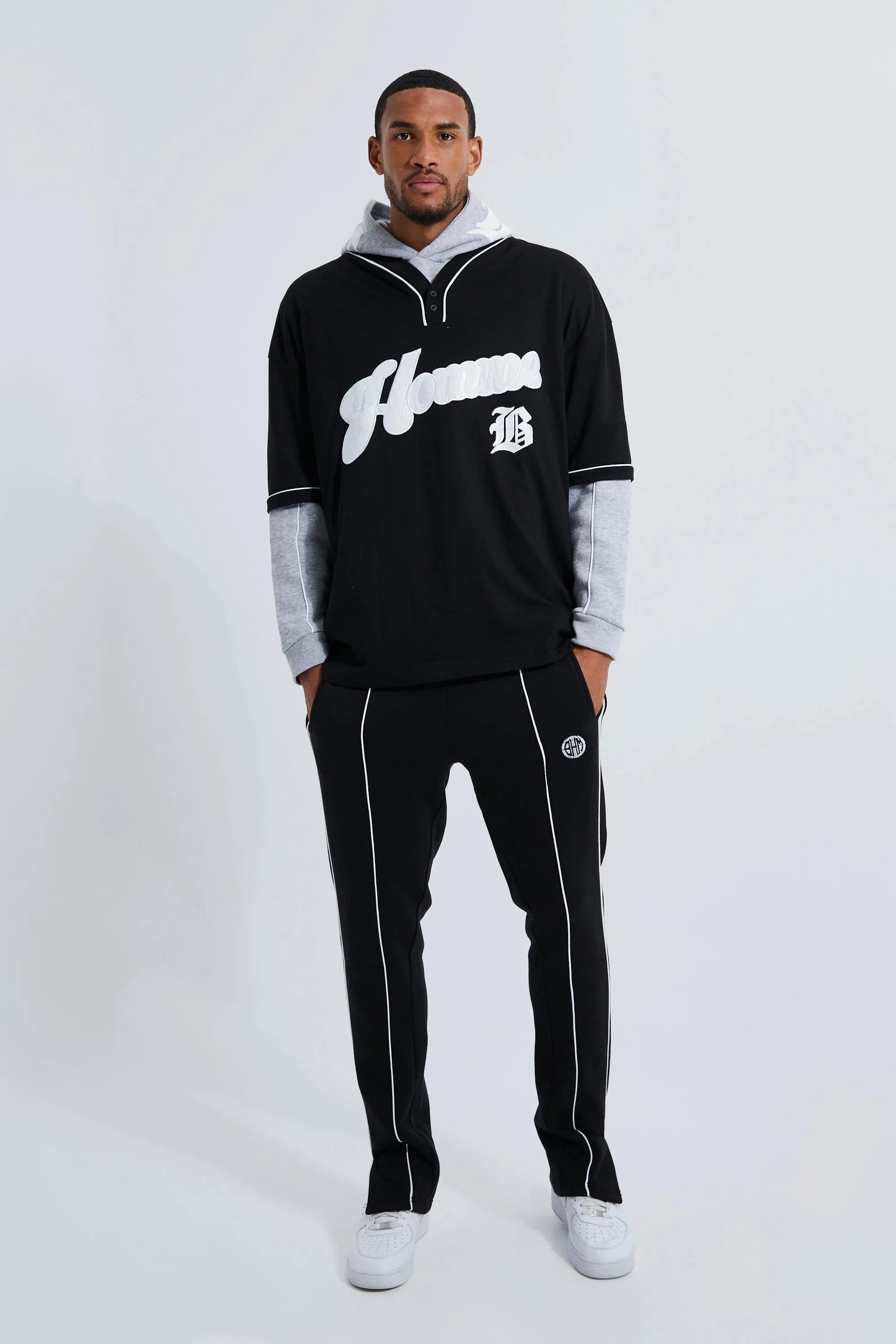 Tall Oversized Faux Layer Baseball Tracksuit | boohooMAN UK