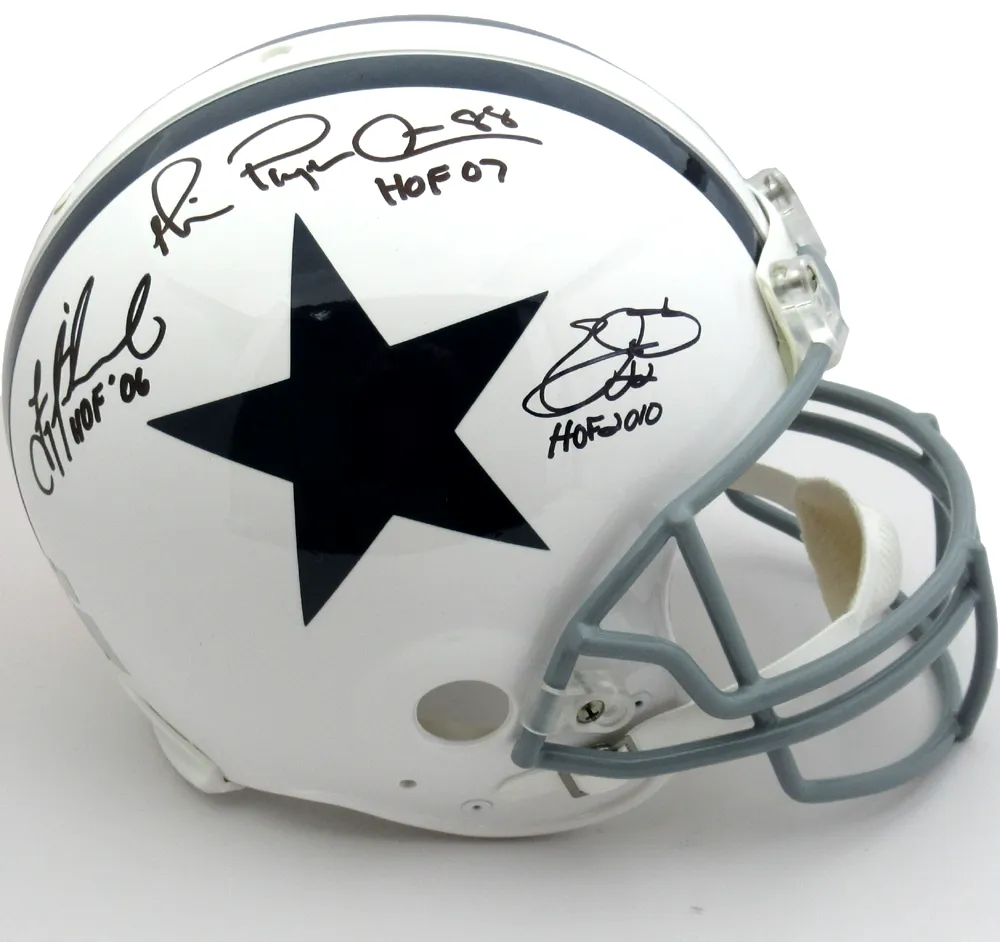 Troy Aikman, Emmitt Smith & Michael Irvin Autographed/Signed Dallas Cowboys Riddell Throwback Authentic NFL Helmet With HOF Insc