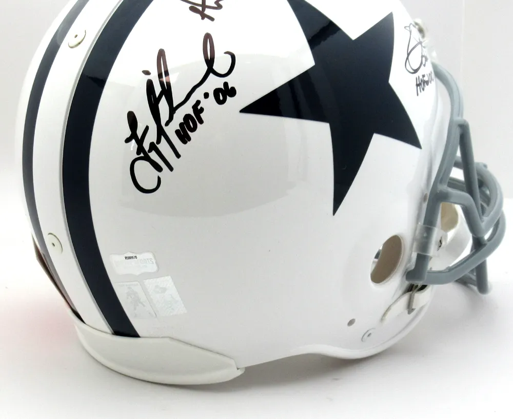 Troy Aikman, Emmitt Smith & Michael Irvin Autographed/Signed Dallas Cowboys Riddell Throwback Authentic NFL Helmet With HOF Insc