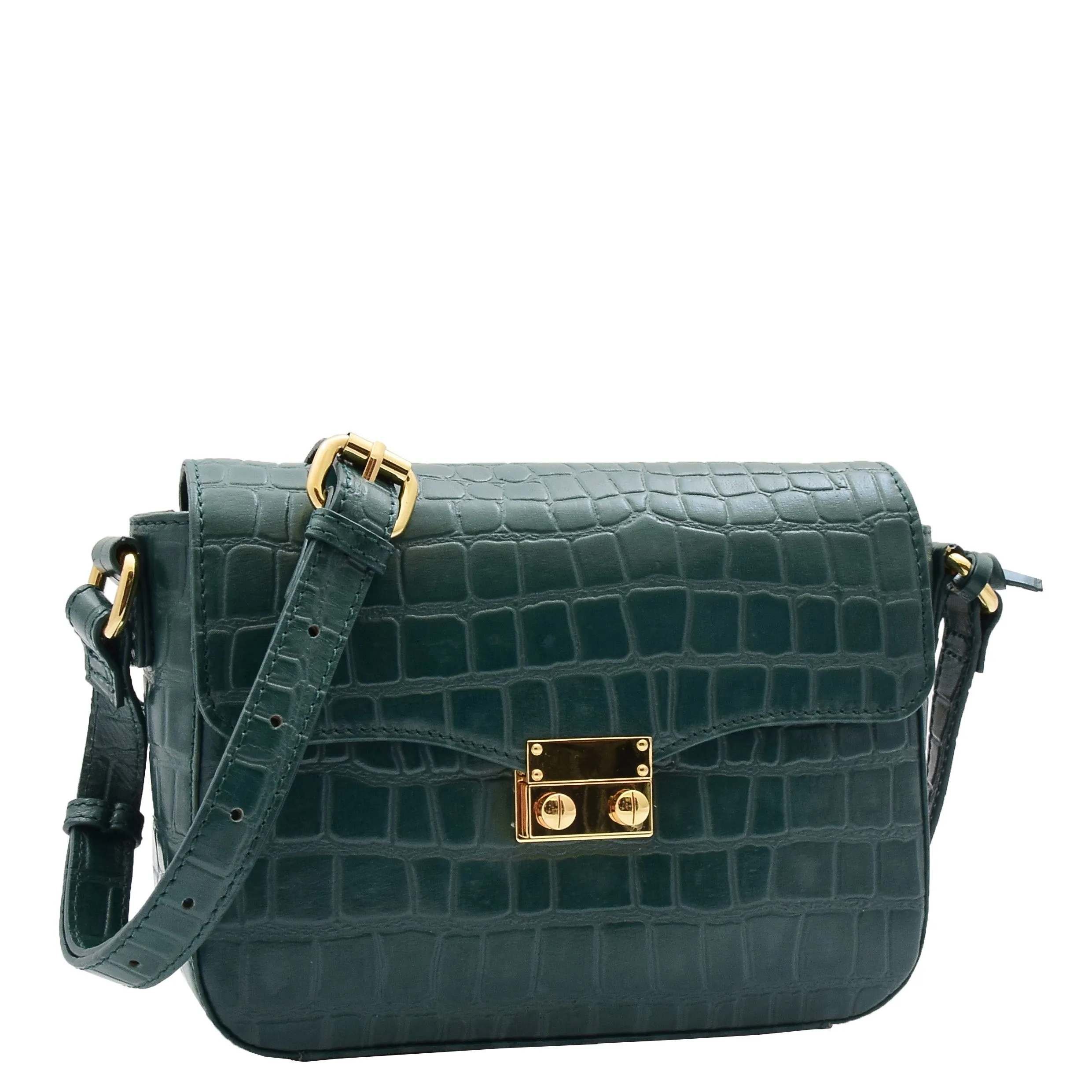 Womens Cross Body Bag Croc Print Handstitched Leather Handbag Maude Green