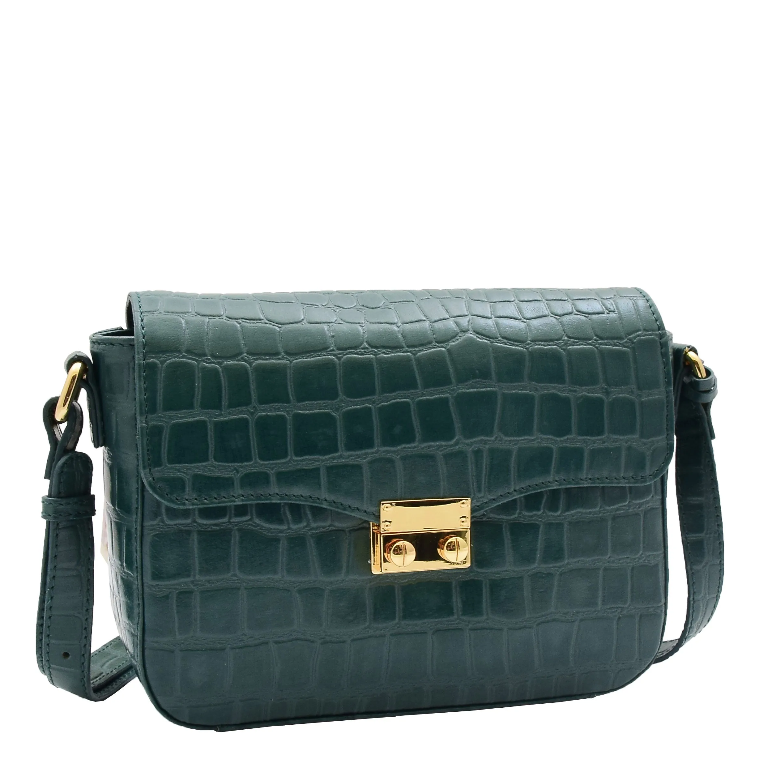 Womens Cross Body Bag Croc Print Handstitched Leather Handbag Maude Green