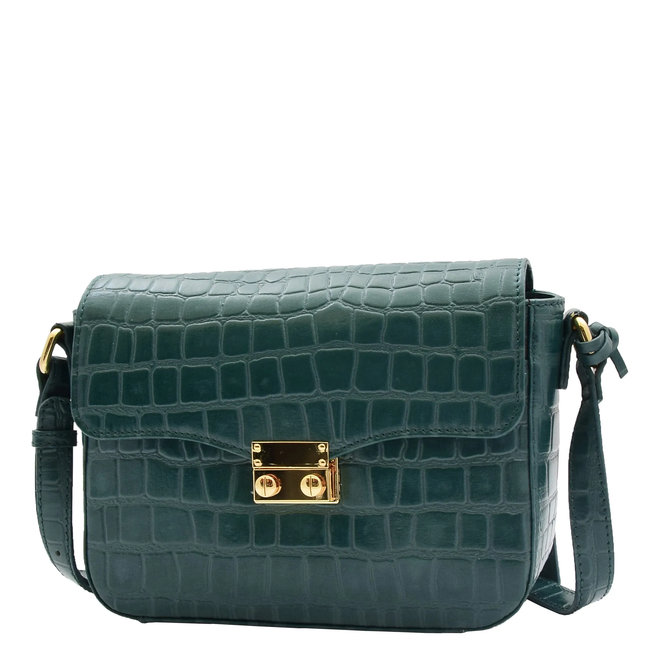 Womens Cross Body Bag Croc Print Handstitched Leather Handbag Maude Green