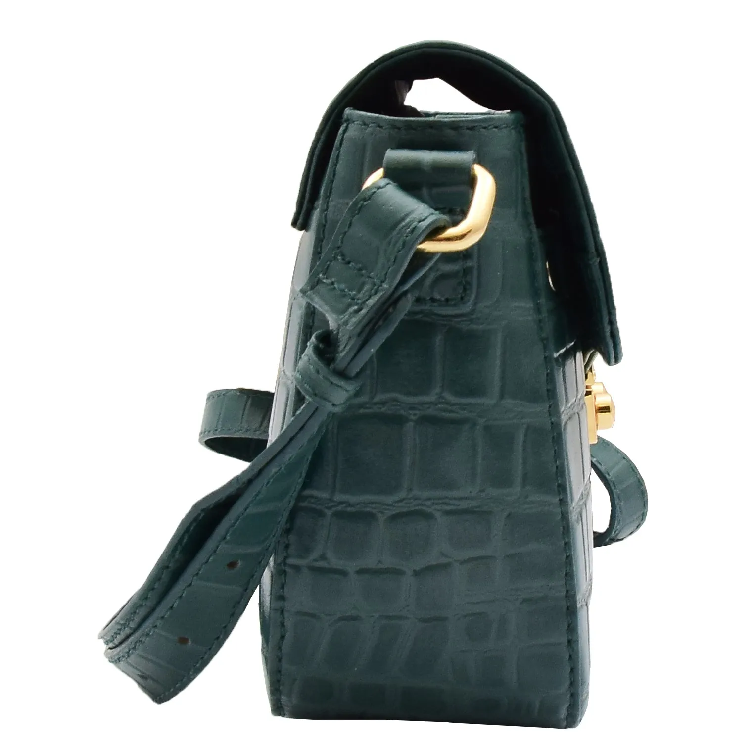 Womens Cross Body Bag Croc Print Handstitched Leather Handbag Maude Green